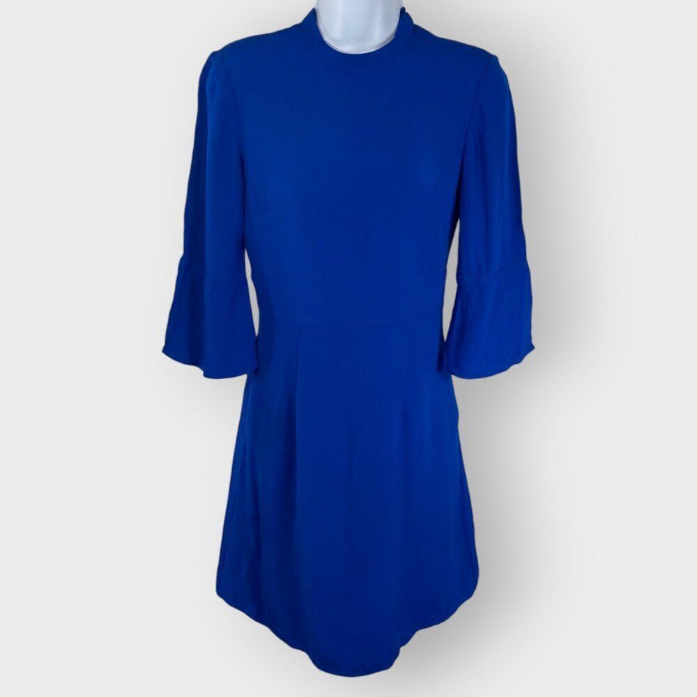 Reiss Womens Cora Flared Shift Dress | 2 | Blue | Bell Sleeve | Pockets | Lined